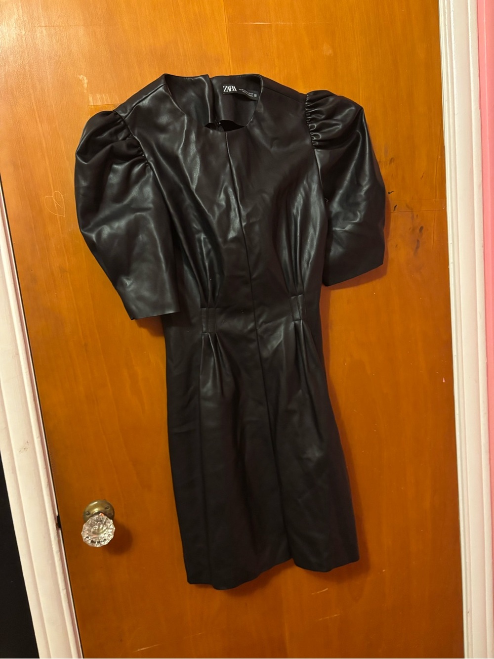 Zara Black Faux Leather Puff-Sleeve Mini Dress